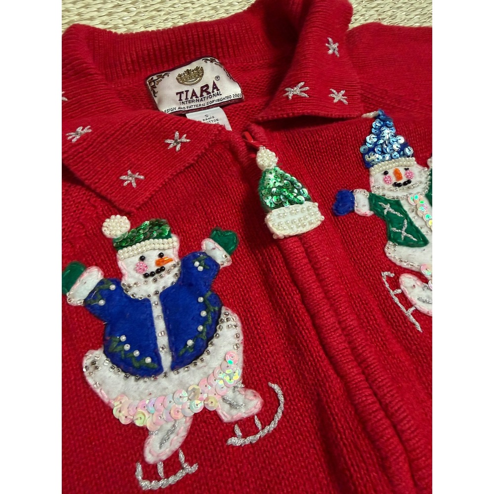 Tiara International Red Christmas Cardigan Snowman Sequin Zip Sweater holiday S - Picture 5 of 9